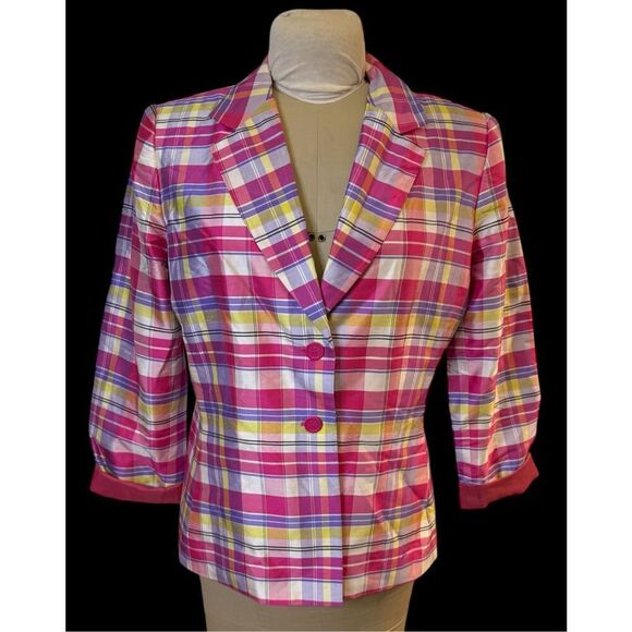 Kasper Silk 2-Button Blazer Sz. 12 Pockets Bright Plaid Lined - Picture 2 of 9